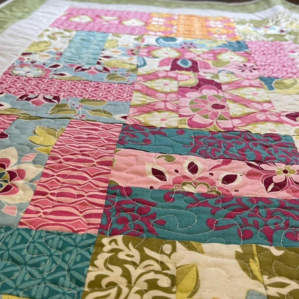 Handmade Floral Patchwork Quilt Pink Green Orange Teal Lap Blanket 36x52